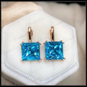 NEW 585 ROSE GOLD BLUE TOPAZ PRISM SQUARE CUT HOOK EARRINGS